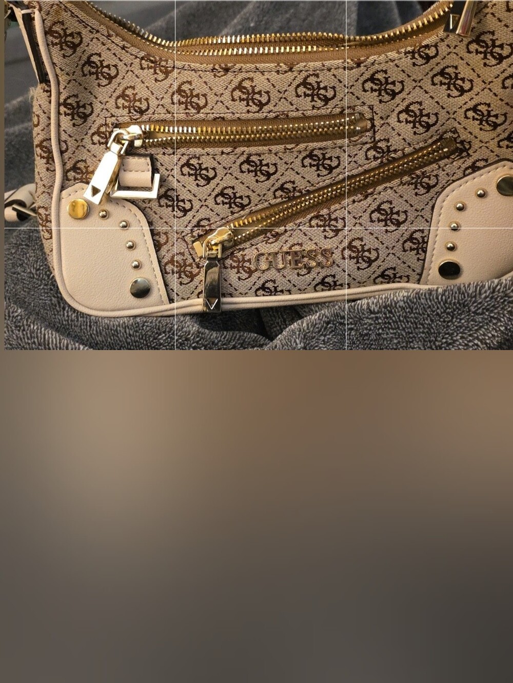 GUESS Beige and Brown Monogram Shoulder Bag with Gold Hardware